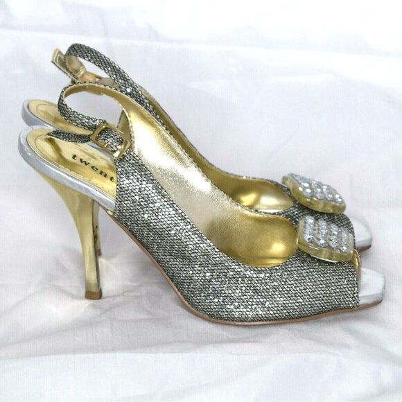 Twenty-One Womens 6 High Heels Slingback Gold Silver Rhinestones Peep Toe Shoes - Picture 4 of 11